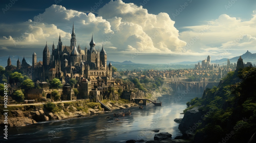 Fototapeta premium A sprawling medieval city with towering castles