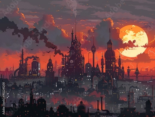 A stunning pixel art cityscape at sunset, featuring intricate buildings and a vibrant sky filled with clouds. photo