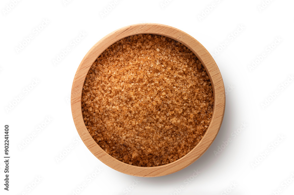 Top view of Brown sugar in wooden bowl isolated on white background. Top view of Brown sugar in wooden bowl isolated on white background.