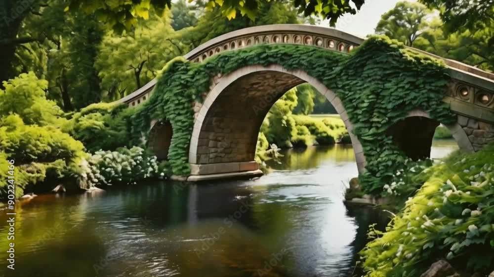 Stone Bridge Over Gentle River in Lush Park with Ivy and Flowers Stone Bridge Over Gentle River in Lush Park with Ivy and Flowers