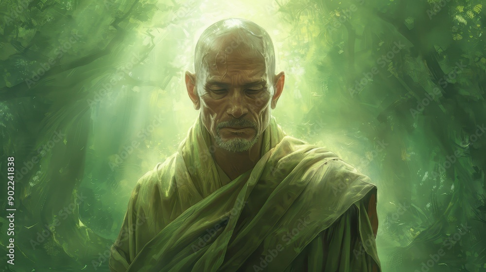 A man in a green robe is looking up at the sky A man in a green robe is looking up at the sky