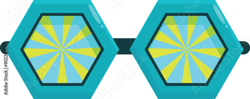 Blue hexagon sunglasses with yellow and green lenses creating a kaleidoscopic effect, isolated on white background