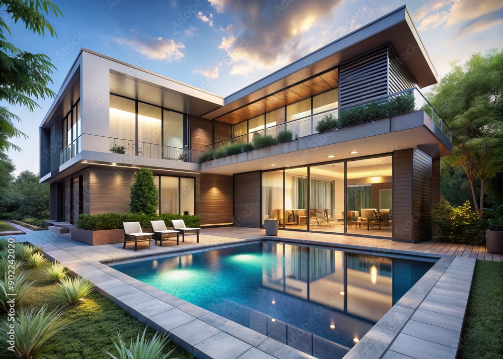 Fototapeta premium Luxurious modern villa with sleek lines, lavish outdoor pool, and lush greenery, contrasting realistic rendering and wireframe elements, offering ample copy space.