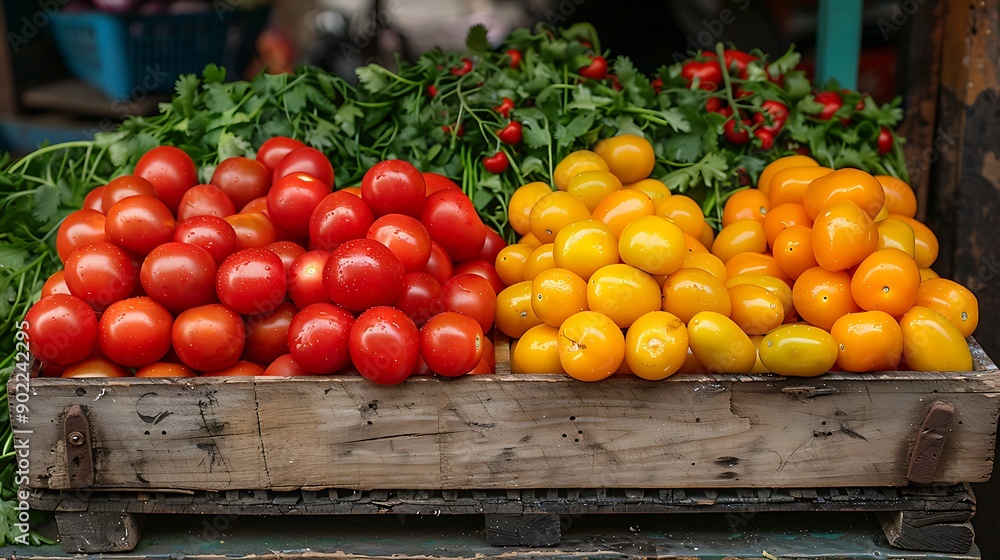 a group of tomatoes in a wooden box. a group of tomatoes in a wooden box.