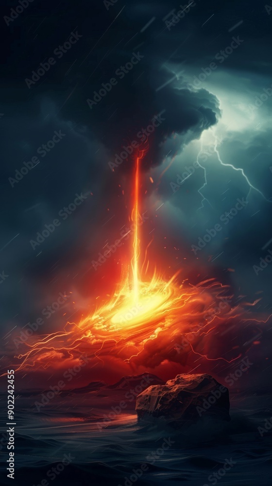 Fototapeta premium A fiery explosion is shooting out of a volcano in the middle of a stormy ocean