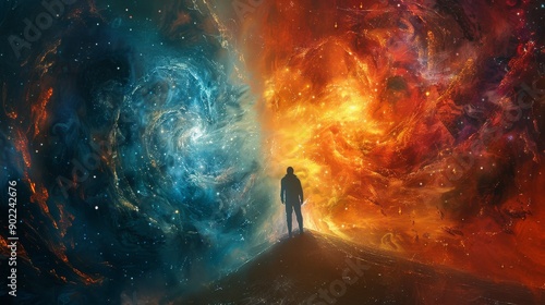 A cosmic scene with a central figure split between two contrasting realms one vibrant and warm, the other cool and calm