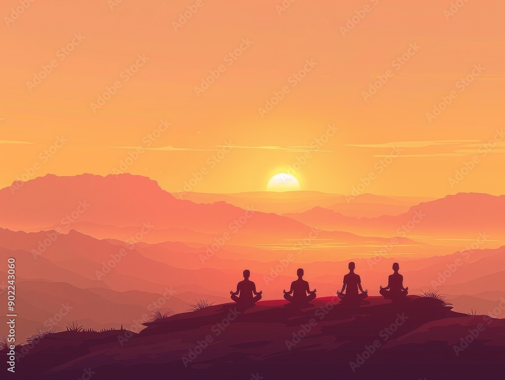 Serene silhouettes meditating at sunset, surrounded by tranquil mountains, capturing a moment of peace and reflection. Serene silhouettes meditating at sunset, surrounded by tranquil mountains, capturing a moment of peace and reflection.
