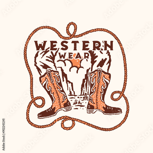boots illustration cowboy graphic rope design western vintage rodeo badge valley cartoon