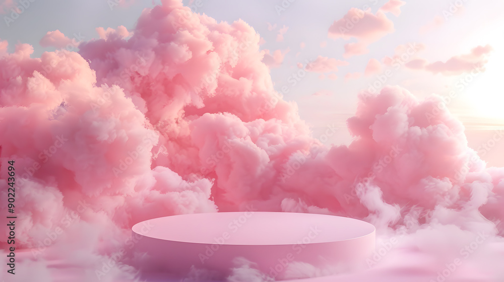 Fototapeta premium platform with pastel 3D podium, cloud scene, luxury stage, minimal abstract background, beauty dreamy space studio with pedestal smoke, geometric white showcase