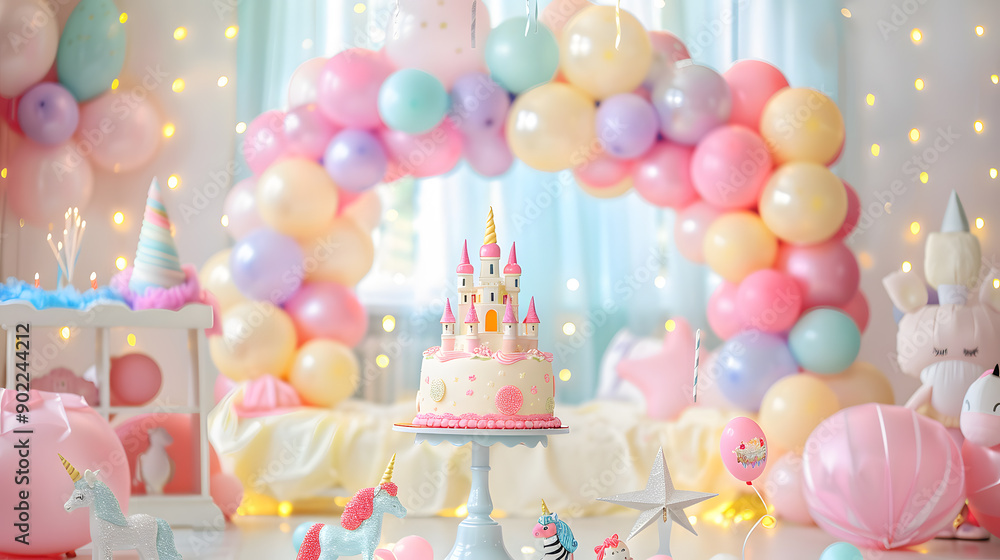 Unicorn horse with a rainbow and vivid complementary color balloons.cake castle at dining room.kid birthday party. Unicorn horse with a rainbow and vivid complementary color balloons.cake castle at dining room.kid birthday party.