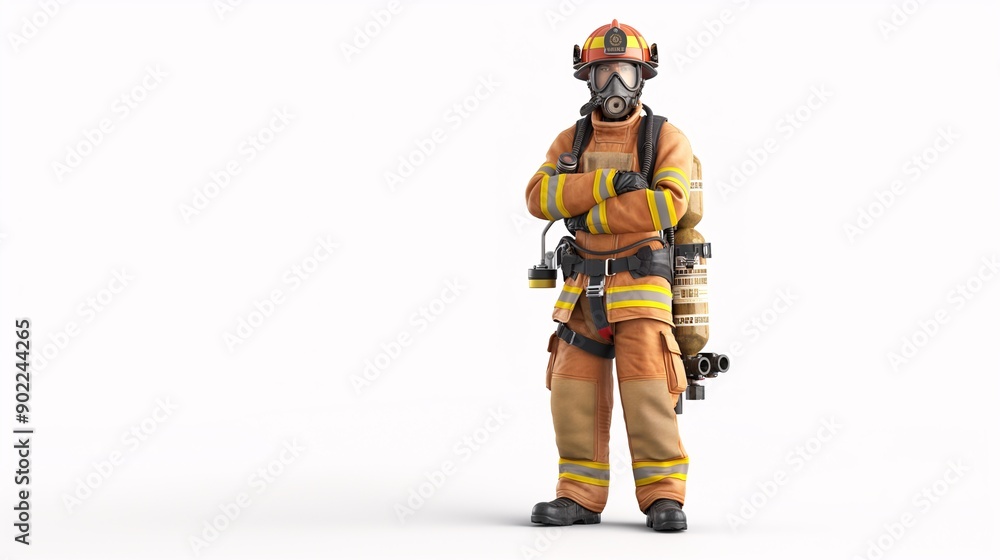 Firefighter Ready for Action: A courageous firefighter stands at attention, his protective gear and determined gaze embodying the bravery and unwavering resolve of those who fight fires. Firefighter Ready for Action: A courageous firefighter stands at attention, his protective gear and determined gaze embodying the bravery and unwavering resolve of those who fight fires.