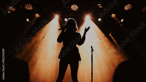 Silhouette of Person with Microphone on Stage Amidst Spotlights