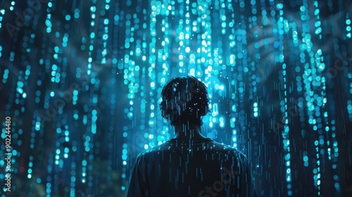 Futuristic Silhouette in Matrix-Inspired Digital Rain with Blue Neon Binary Code Lights