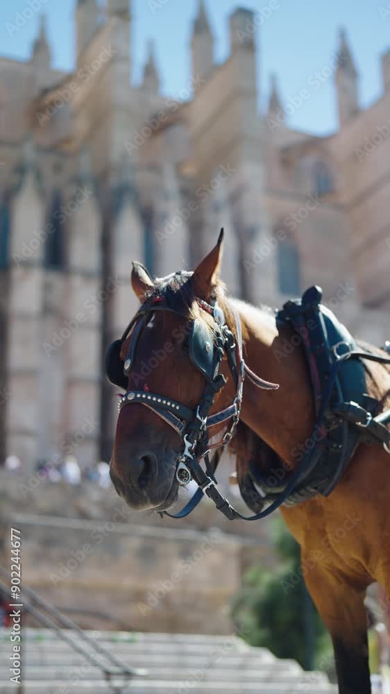 Vertical view of horse with eye blinkers near Cathedral of Mallorca Vertical view of horse with eye blinkers near Cathedral of Mallorca