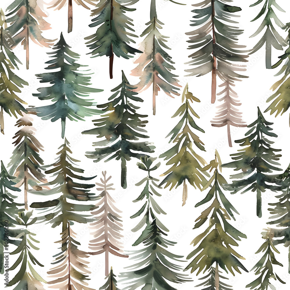 Whimsical seamless pattern of watercolor pine trees and spruces on white background, featuring gentle lines and subtle colors. Whimsical seamless pattern of watercolor pine trees and spruces on white background, featuring gentle lines and subtle colors.