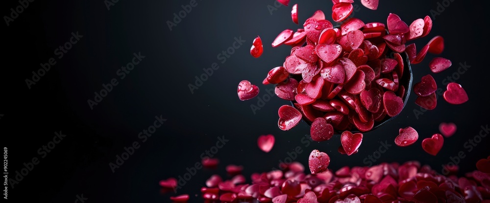 Red Hearts Falling From Above On A Black Background, Creating A Dramatic And Romantic Scene Red Hearts Falling From Above On A Black Background, Creating A Dramatic And Romantic Scene