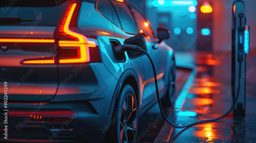 Electric Car Charging at Night in Rainy High-Tech Urban Environment Electric Car Charging at Night in Rainy High-Tech Urban Environment