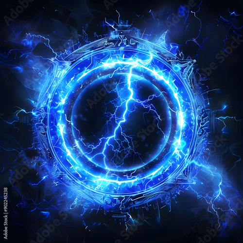 Glowing electric blue lightning bolt within a circular frame, surrounded by a swirling plasma portal, conveying intense energy and futuristic technology.