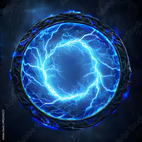 Glowing electric blue lightning bolt within a circular frame, surrounded by a swirling plasma portal, conveying intense energy and futuristic technology.