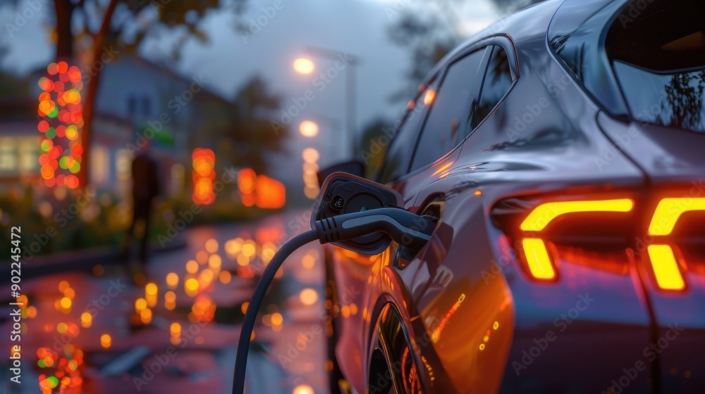 Electric Car Charging at Night - Sustainable Transportation Scene with Neon Lights Electric Car Charging at Night - Sustainable Transportation Scene with Neon Lights