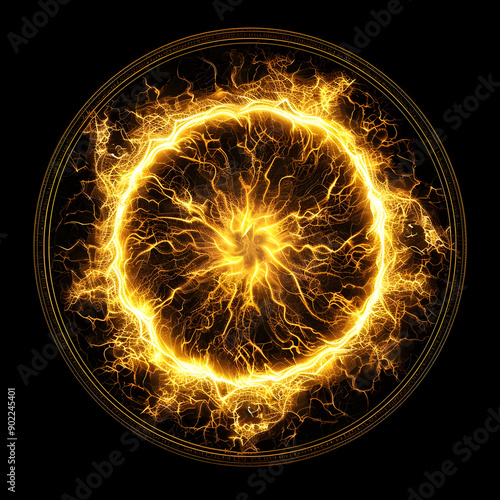 Glowing electric yellow hologram with circular lightning patterns on a black background, evoking a sense of futuristic technology.