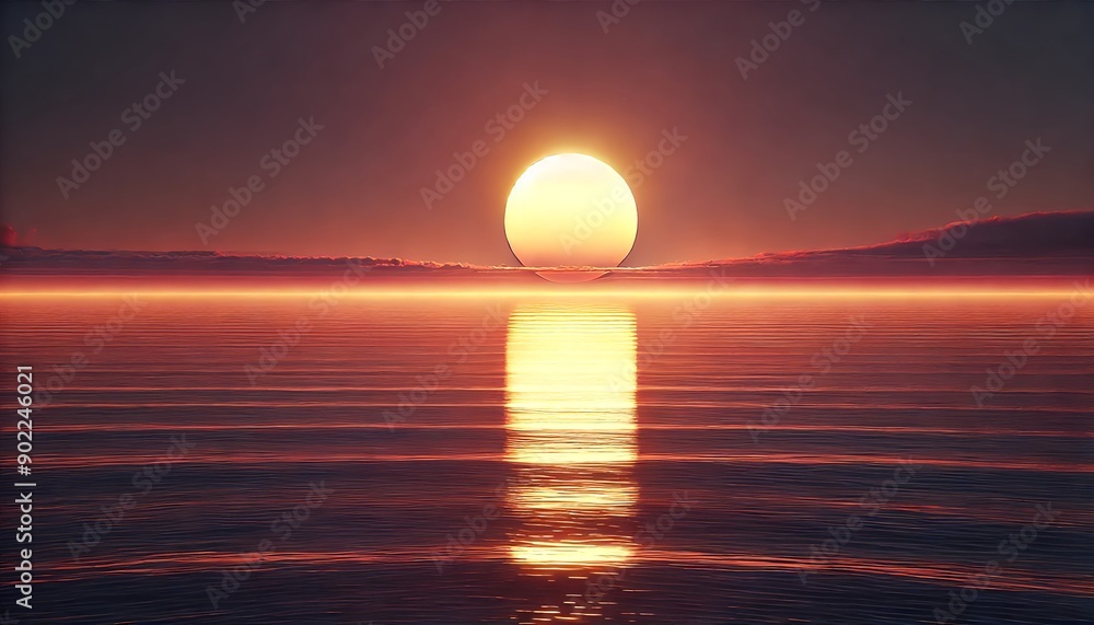 A hyper-realistic photorealistic depiction of a sunset over the ocean. The sky is a gradient of warm colors, from deep orange near the horizon to ligh A hyper-realistic photorealistic depiction of a sunset over the ocean. The sky is a gradient of warm colors, from deep orange near the horizon to ligh