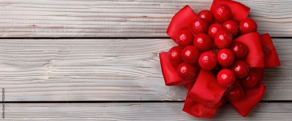 Red Shining Bow On A Wooden Background, Adding A Festive Touch Red Shining Bow On A Wooden Background, Adding A Festive Touch