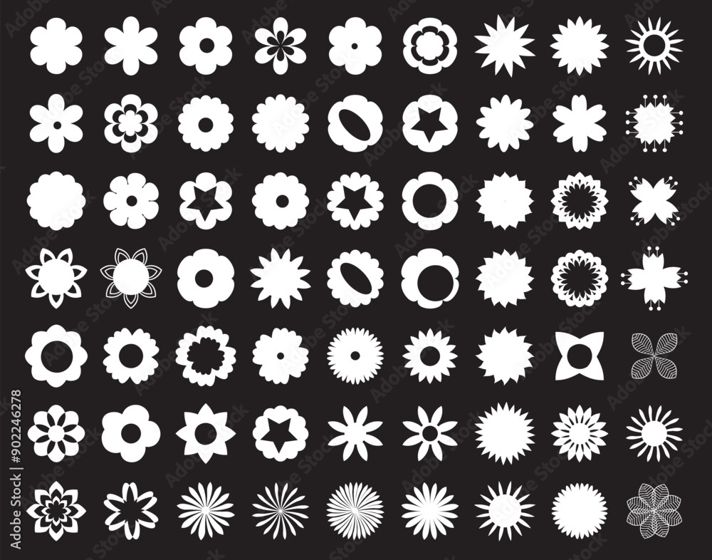 Flower icon set. Hand drown flowers isolated on black background. Flower icon set. Hand drown flowers isolated on black background.