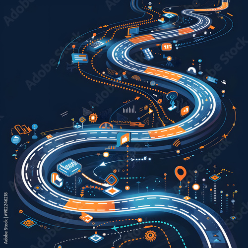 Illustration of digital transformation roadmap, showcasing the integration of technology into traditional business models. photo