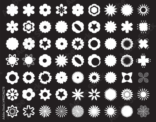 Flower icon set. Hand drown flowers isolated on black background.