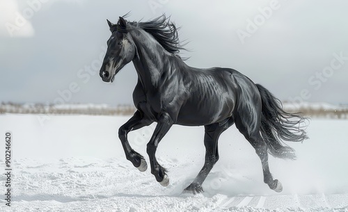 Beautiful Gray Andesino Horse Rearing Up in White Desert – Concept of Freedom, Strength, Power, and Beauty   © KADER