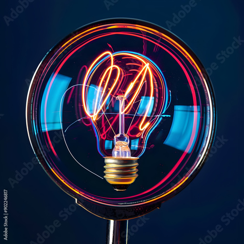 Magnifying glass focuses on a creative light bulb, generating innovative ideas for strategic goals.