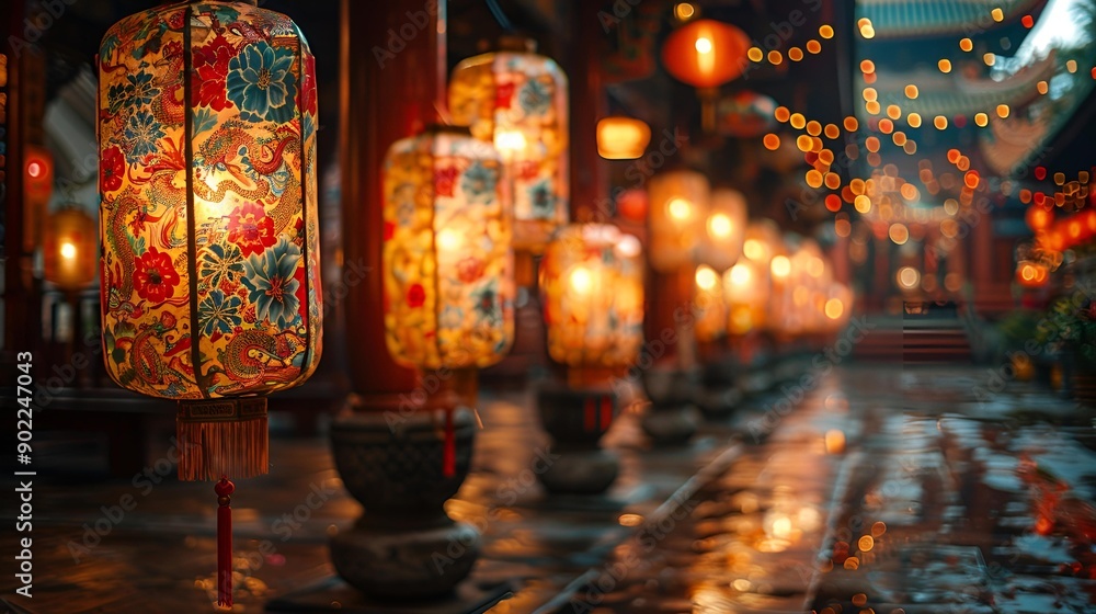 a row of lanterns on a sidewalk. a row of lanterns on a sidewalk.