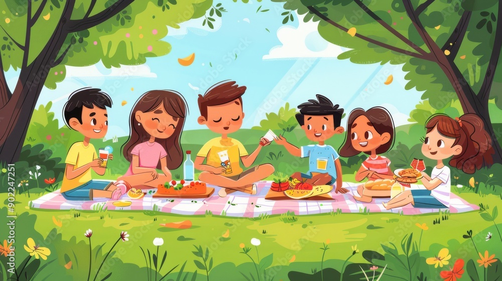 Friends having a picnic in a park, with a spread of food and drinks on a blanket. Cartoon illustrations vectors Friends having a picnic in a park, with a spread of food and drinks on a blanket. Cartoon illustrations vectors