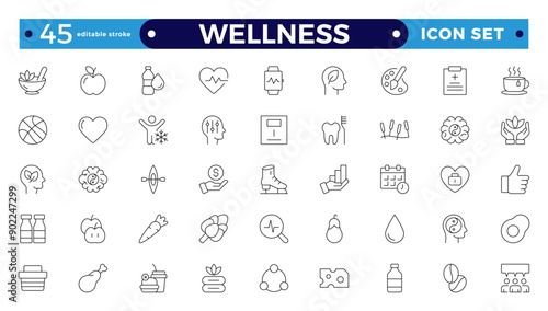 Set of outline icons related to wellness, well-bein, mental health, healthcare, cosmetics, spa, medical, massage, yoga, spa, relaxation,  exercise, diet,. Outline icon collection. Wellness icon set. 
