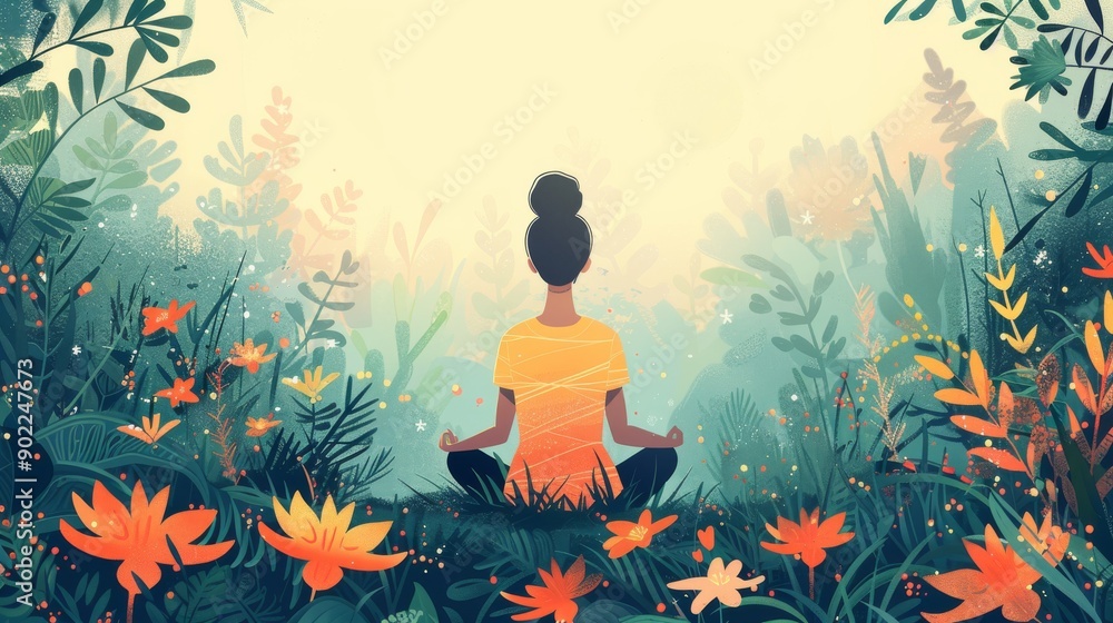 Woman practicing mindfulness meditation in a peaceful garden, surrounded by nature. Cartoon illustrations vectors Woman practicing mindfulness meditation in a peaceful garden, surrounded by nature. Cartoon illustrations vectors