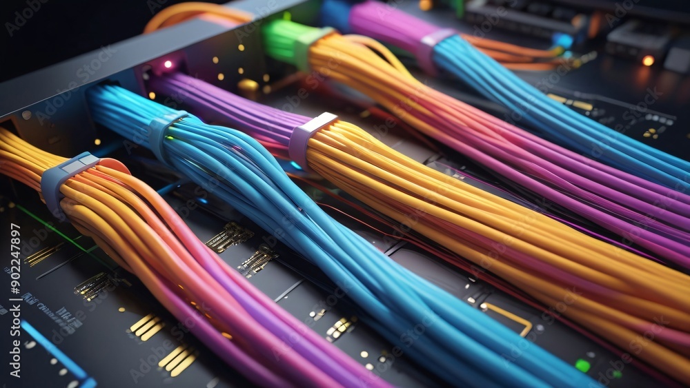 A close-up of vibrant fiber optic cables neatly connected to a high-speed network interface card A close-up of vibrant fiber optic cables neatly connected to a high-speed network interface card