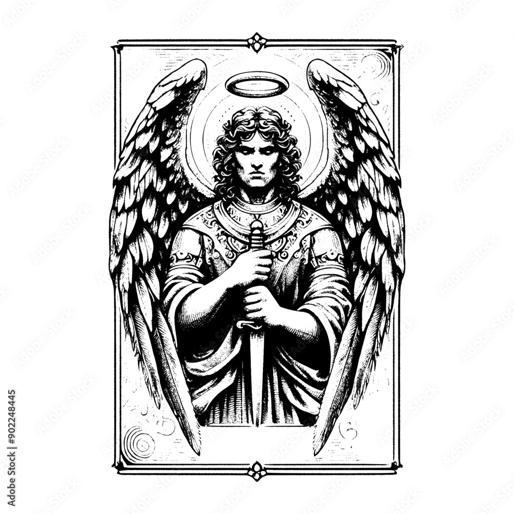 Fototapeta premium Guardian prayer angel design in retro vector style with ceremonial knife and angelic wing details