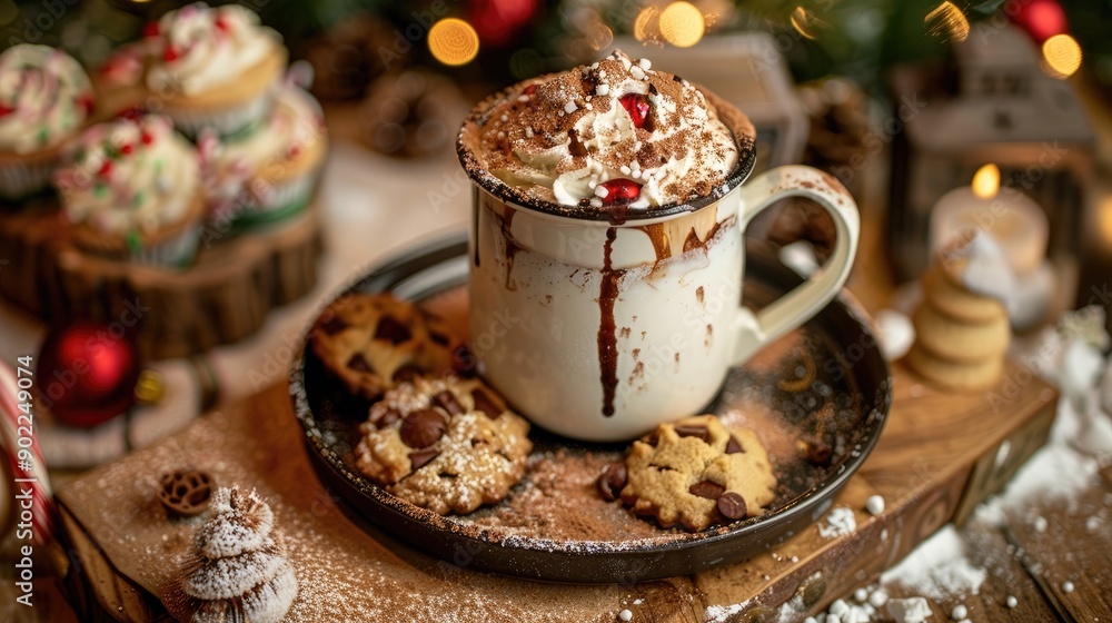 Holiday themed hot chocolate and cookies in a festive setting Holiday themed hot chocolate and cookies in a festive setting