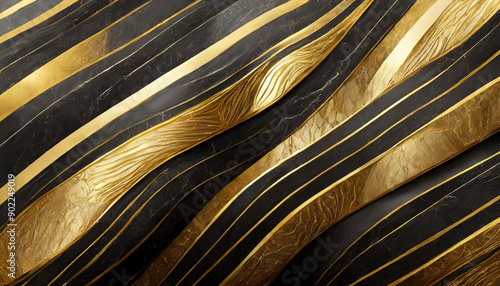 Abstract luxurious porcelain wall or marble stone surface texture, background or wallpaper, with black color, straight and wavy luxury gold stripes and elegant golden lines.