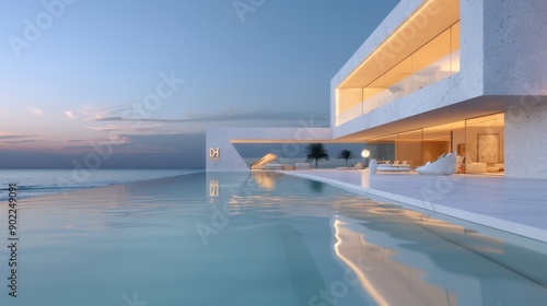 Modern Minimalist Beachside Villa with Infinity Pool at Sunset and Ocean Views