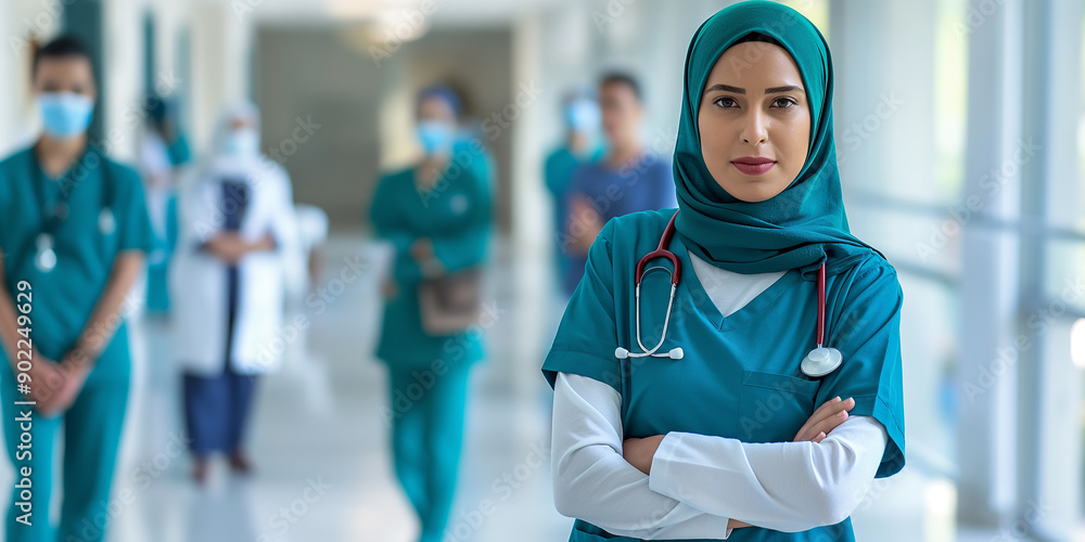 Confident muslim doctor woman wearing hijab standing with arms crossed in hospital corridor Confident muslim doctor woman wearing hijab standing with arms crossed in hospital corridor