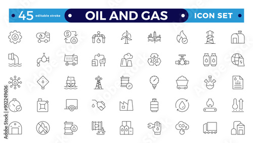 Oil and gas thin line web icon set. Outline icons collection. Oil and Gas icon set. Containing fuel, refinery, petroleum, oil well, gas pump, offshore platform, lubricant, oil barrel, and more
