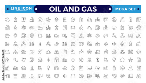 Oil and gas thin line web icon set. Outline icons collection. Oil and Gas icon set. Containing fuel, refinery, petroleum, oil well, gas pump, offshore platform, lubricant, oil barrel, and more
