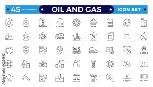 Oil and gas thin line web icon set. Outline icons collection. Oil and Gas icon set. Containing fuel, refinery, petroleum, oil well, gas pump, offshore platform, lubricant, oil barrel, and more
