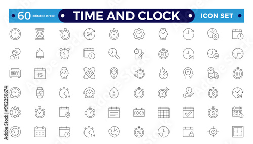 Time icon set. Timer, alarm, schedule, hourglass, clock icons. Outline time and clock icon collection.
