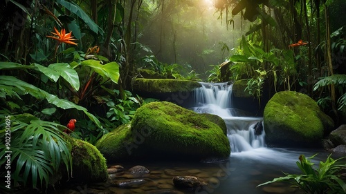 Diverse Rainforest Flora and Fauna. Various plant species and animals in a dense jungle setting. Explore the rich biodiversity of rainforest flora and fauna. photo