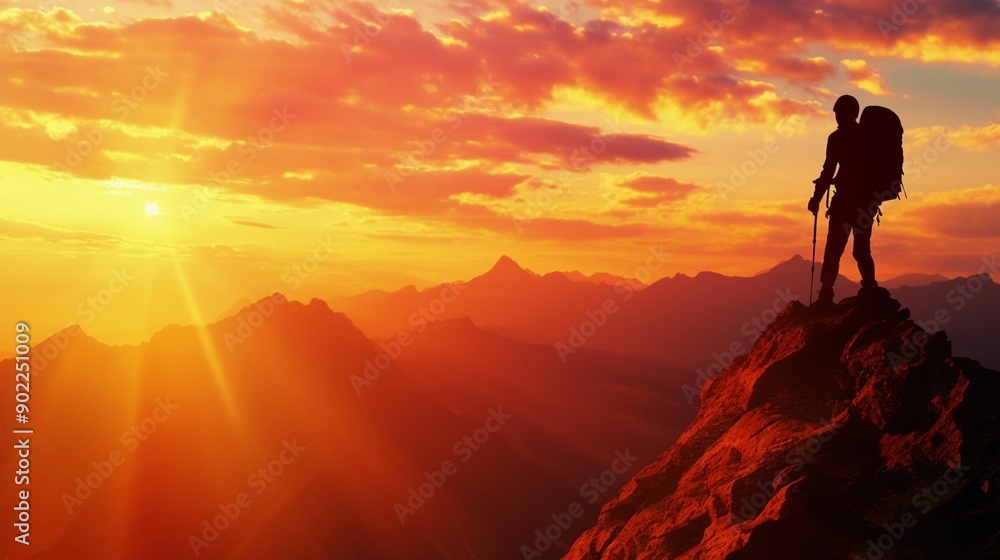 山頂から夕日を眺めている登山家のシルエット1 山頂から夕日を眺めている登山家のシルエット1