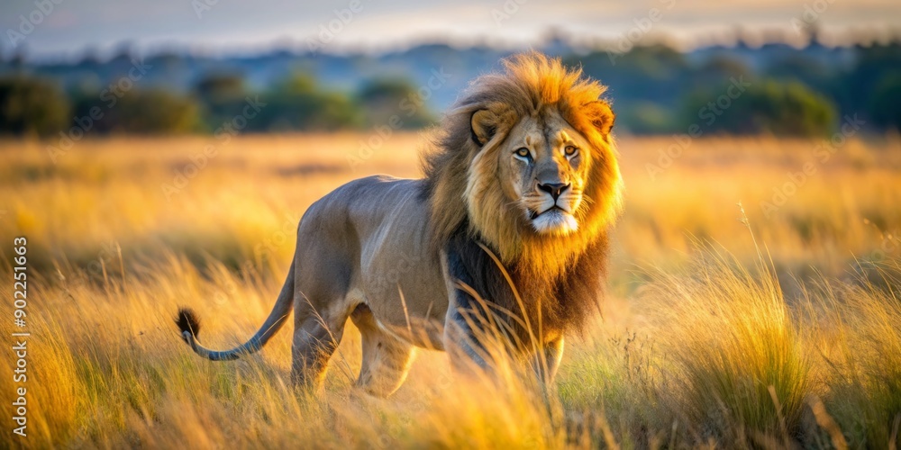 Majestic African lion, golden fur glowing in sunlight, roams freely in ...