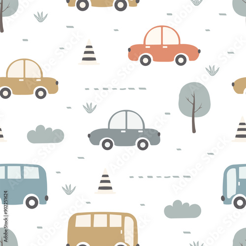 Seamless pattern with cute cars, grass and trees. Used for fabric, textile, wallpaper, wrapping, kids apparel design. Vector illustration